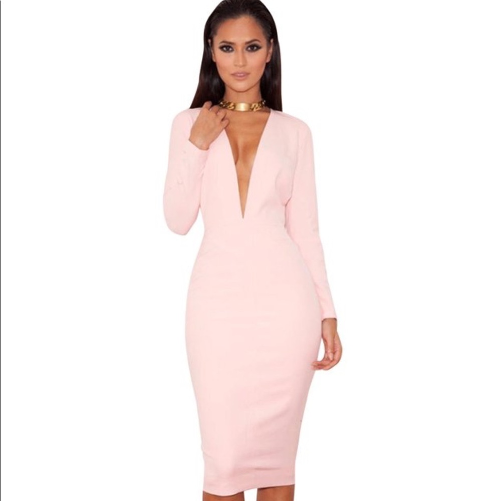 HOUSE OF CB | Pale Pink Bodycon Deep V Midi Dress